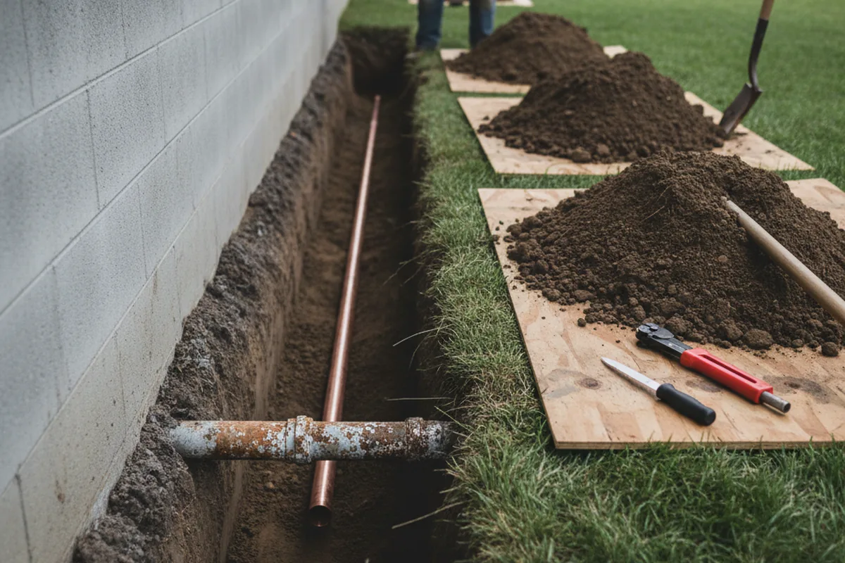 Excavated water line trench during Water Heater Repair in Honeyville